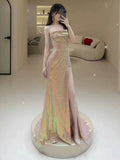 Tineit Elegant Mermaid Strapless Pink Slit Sequin Long Prom Dress Evening Dresses (PRE-ORDER)