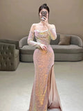 Tineit Elegant Mermaid Strapless Pink Slit Sequin Long Prom Dress Evening Dresses (PRE-ORDER)