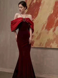 Tineit Elegant Mermaid Off The Shoulder Halter Burgundy Long Prom Dress Evening Dresses (PRE-ORDER)