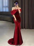 Tineit Elegant Mermaid Off The Shoulder Halter Burgundy Long Prom Dress Evening Dresses (PRE-ORDER)