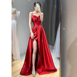 Tineit Elegant A line Sweetheart Red Satin Long Prom Dress Evening Dresses (PRE-ORDER)