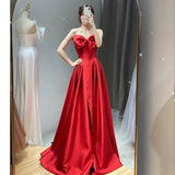 Tineit Elegant A line Sweetheart Red Satin Long Prom Dress Evening Dresses (PRE-ORDER)