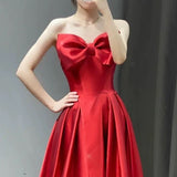 Tineit Elegant A line Sweetheart Red Satin Long Prom Dress Evening Dresses (PRE-ORDER)