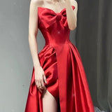 Tineit Elegant A line Sweetheart Red Satin Long Prom Dress Evening Dresses (PRE-ORDER)