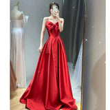 Tineit Elegant A line Sweetheart Red Satin Long Prom Dress Evening Dresses (PRE-ORDER)