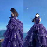 Tineit Elegant Ball Gown Strapless Purple Satin Long Prom Dress Evening Dresses (PRE-ORDER)