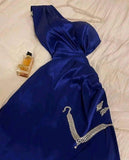 Tineit Classy A line One Shoulder Royal Blue Long Satin Party Dress Prom Dresses Evening Dress (PRE-ORDER)