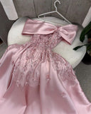 Tineit Cute A Line Off The Shoulder Pink Long Satin Beads Long Prom Dresses Party Dress (PRE-ORDER)