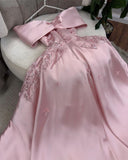 Tineit Cute A Line Off The Shoulder Pink Long Satin Beads Long Prom Dresses Party Dress (PRE-ORDER)