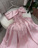 Tineit Cute A Line Off The Shoulder Pink Long Satin Beads Long Prom Dresses Party Dress (PRE-ORDER)