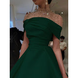 Tineit Elegant A-Line Evening Gown Elegant Dress Formal Floor Length Short Sleeve Illusion Neck Satin with Ruched Beading Prom Dress (PRE-ORDER)