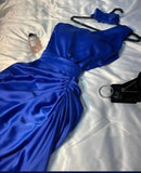 Tineit Classy A line One Shoulder Royal Blue Long Satin Pleated Party Dress Prom Dresses Evening Dress (PRE-ORDER)