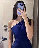 Tineit Classy Sheath One Shoulder Royal Blue Long Pleated Party Dress Prom Dresses Evening Dress (PRE-ORDER)