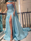 Tineit Sexy Mermaid Strapless Blue Prom Dress With Beads Long Satin Prom Dresses Party Dress (PRE-ORDER)