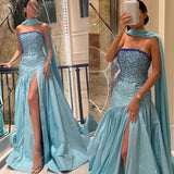 Tineit Sexy Mermaid Strapless Blue Prom Dress With Beads Long Satin Prom Dresses Party Dress (PRE-ORDER)