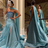 Tineit Sexy Mermaid Strapless Blue Prom Dress With Beads Long Satin Prom Dresses Party Dress (PRE-ORDER)