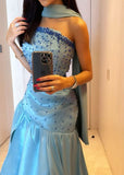 Tineit Sexy Mermaid Strapless Blue Prom Dress With Beads Long Satin Prom Dresses Party Dress (PRE-ORDER)