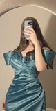 Tineit Sexy Mermaid Off The Shoulder Blue Prom Dress With Pleated Long Satin Prom Dresses Party Dress (PRE-ORDER)