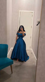 Tineit Sexy A line Off The Shoulder Blue Prom Dress With Pleated Long Satin Prom Dresses Party Dress (PRE-ORDER)