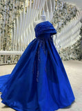 Tineit Sexy Ball Gown Strapless Royal Blue Prom Dress With Pleated Long Satin Prom Dresses Party Dress (PRE-ORDER)