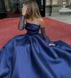 Tineit Classy A Line Strapless Long Sleeves Navy Blue Long Satin Party Dress Prom Dresses Evening Dress (PRE-ORDER)