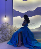 Tineit Sexy Ball Gown Strapless Royal Blue Prom Dress With Pleated Long Satin Slit Prom Dresses Party Dress (PRE-ORDER)