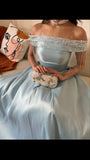 Tineit Sexy A line Off The Shoulder Light Sky Blue Prom Dress With Beads Long Satin Prom Dresses Party Dress (PRE-ORDER)