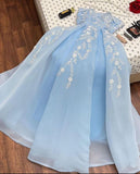 Tineit Sexy A line Strapless Light Sky Blue Organza Prom Dress With Appliques Long Prom Dresses Party Dress (PRE-ORDER)