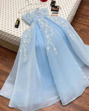 Tineit Sexy A line Strapless Light Sky Blue Organza Prom Dress With Appliques Long Prom Dresses Party Dress (PRE-ORDER)