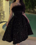 Tineit Sexy Ball Gown Strapless Black Sequin Prom Dress Long Prom Dresses Party Dress With Feather (PRE-ORDER)