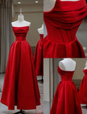 Tineit Sexy A line Strapless Red Satin Prom Dress Long Prom Dresses Party Dress With Ruffles (PRE-ORDER)