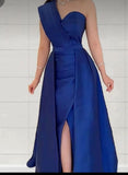 Tineit Classy A line One Shoulder Royal Blue Satin Long Party Dress Prom Dresses Evening Dress (PRE-ORDER)