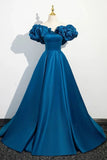 Tineit Classy A line Off The Shoulder Blue Satin Long Party Dress Prom Dresses Evening Dress (PRE-ORDER)