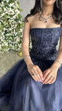 Tineit Sexy Mermaid Strapless Navy Blue Evening Dress Long Prom Dresses Party Dress With Beads (PRE-ORDER)