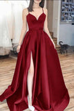 Tineit Elegant A-Line Spaghetti Straps Red Satin Long Prom Dress Slit Prom Dresses (PRE-ORDER)