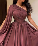 Tineit Classy A Line One Shoulder Brown Satin Long Party Dress Prom Dresses Evening Dress (PRE-ORDER)