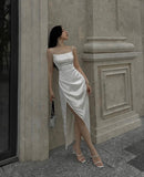 Tineit Elegant A Line Spaghetti Straps Ivory Slit Long Prom Dress Evening Dresses (PRE-ORDER)