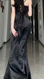 Tineit Elegant Sheath Spaghetti Straps Black Slit Long Prom Dress Evening Dresses (PRE-ORDER)