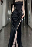 Tineit Elegant Sheath Spaghetti Straps Black Slit Long Prom Dress Evening Dresses (PRE-ORDER)