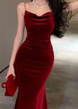 Tineit Elegant Sheath Spaghetti Straps Red Velvet Long Prom Dress Evening Dresses (PRE-ORDER)