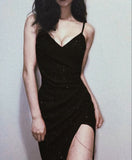 Tineit Elegant Sheath Spaghetti Straps Black Sequin Long Prom Dress Evening Dresses (PRE-ORDER)