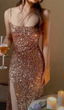 Tineit Elegant Sheath Spaghetti Straps Slit Sequin Long Prom Dress Evening Dresses (PRE-ORDER)