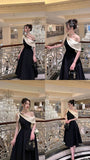 Tineit Elegant A Line One Shoulder Black Satin Bow Prom Dress Evening Dresses (PRE-ORDER)