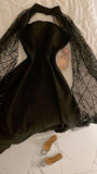 Tineit Elegant A Line Strapless Black Satin Prom Dress Evening Dresses With Cape (PRE-ORDER)