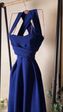 Tineit Elegant A Line Halter Royal Blue Satin Prom Dress Evening Dresses With Ruffles (PRE-ORDER)