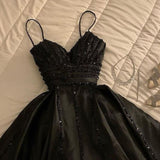 Tineit Elegant A Line Spaghetti Straps Black Satin Long Prom Dress Evening Dresses (PRE-ORDER)