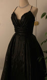 Tineit Elegant A Line Spaghetti Straps Black Satin Long Prom Dress Evening Dresses (PRE-ORDER)