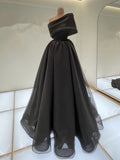 Tineit Elegant A line One Shoulder Black Long Prom Dress Evening Dresses With Ruffles (PRE-ORDER)