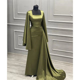 Tineit Elegant Sheath Square Neckline Olive Green Satin Long Prom Dress Evening Dresses With Ruffles (PRE-ORDER)