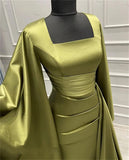 Tineit Elegant Sheath Square Neckline Olive Green Satin Long Prom Dress Evening Dresses With Ruffles (PRE-ORDER)